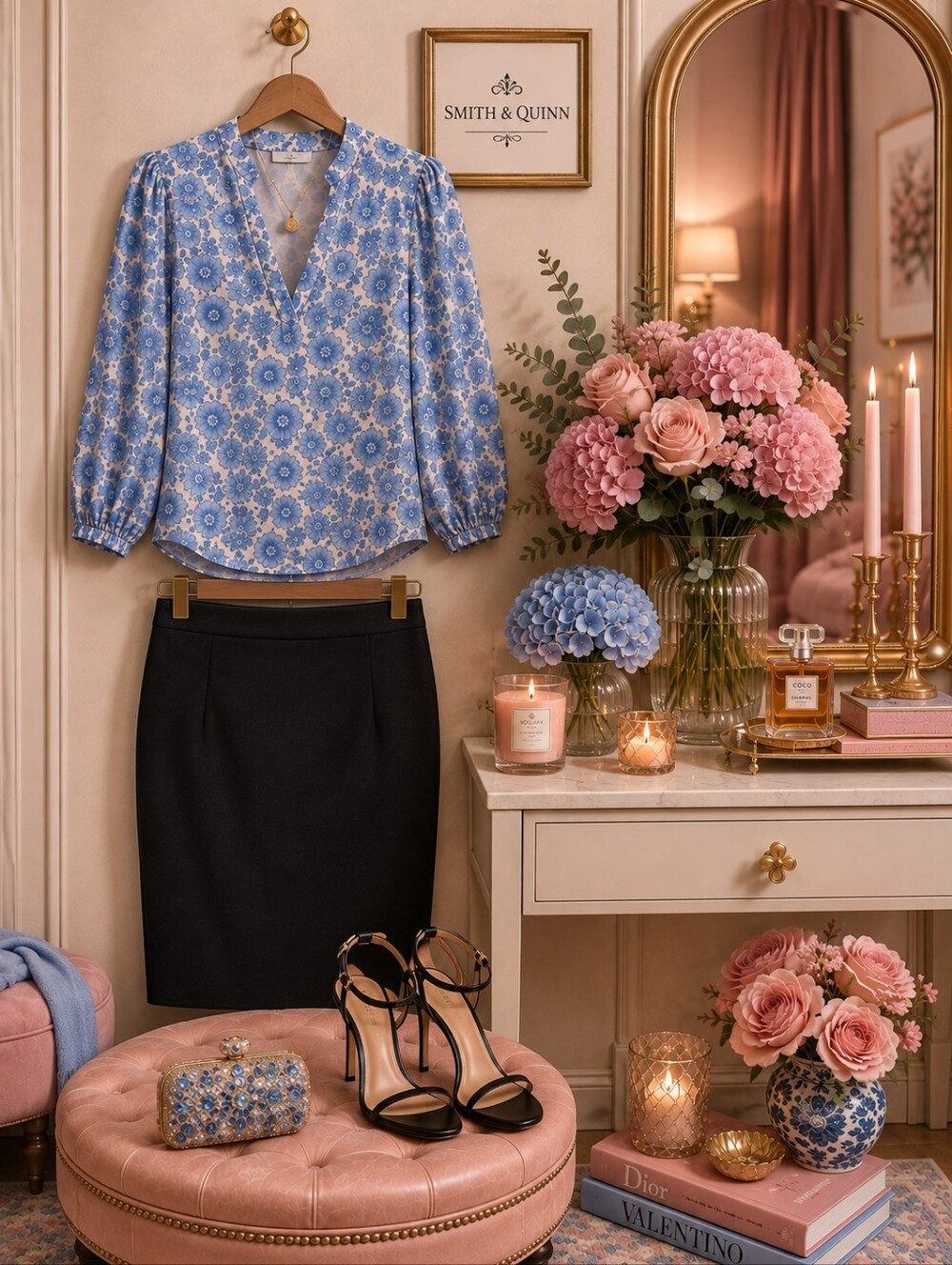 Smith & Quinn Eliza Top | Blue Floral V-Neck Blouse | 3/4 Sleeve | Large - Picture 2 of 7